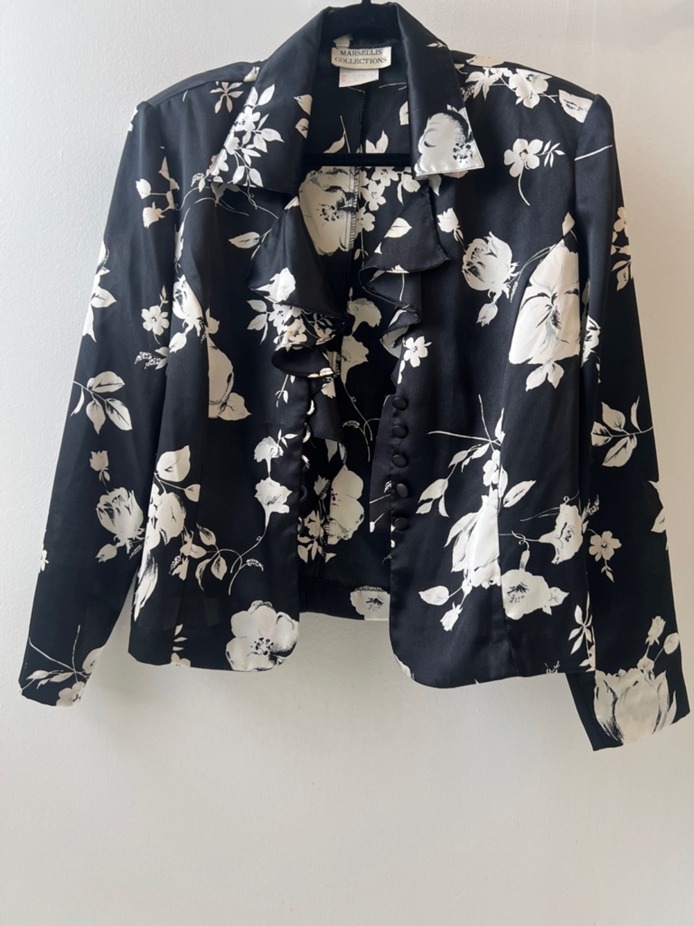 Vintage Black and White Floral Ruffle Blouse - Vintage
